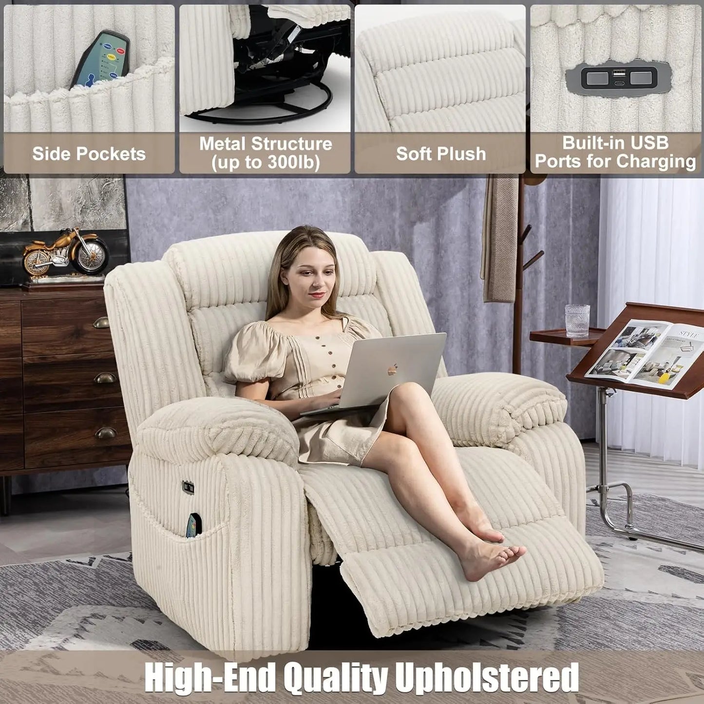 Power Swivel Rocker Recliner Chair for Adults with Massage and Heat
