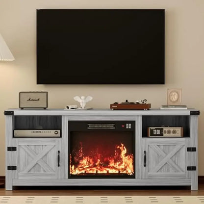 65 Inch Fireplace TV Stand with Barn Doors and Open Display Shelf