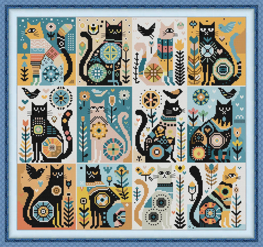 Twelve Black Cats Pattern Counted Cross Stitch