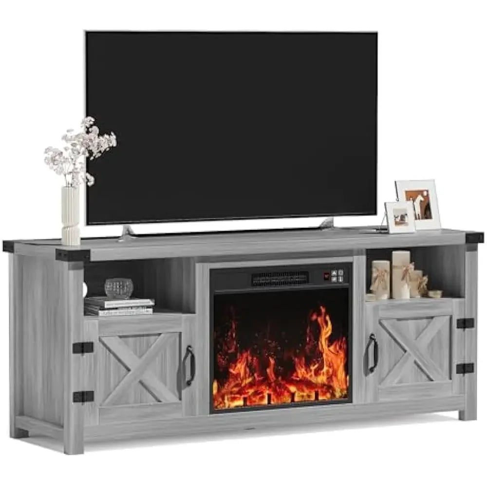 65 Inch Fireplace TV Stand with Barn Doors and Open Display Shelf