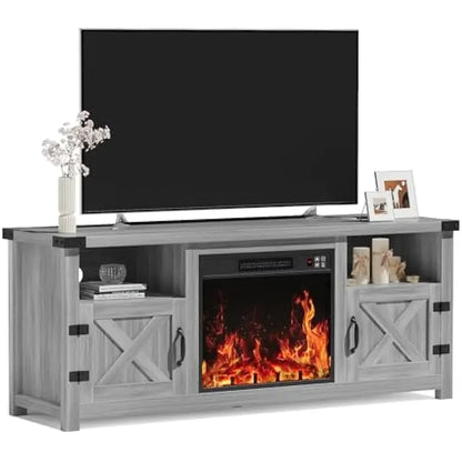 65 Inch Fireplace TV Stand with Barn Doors and Open Display Shelf