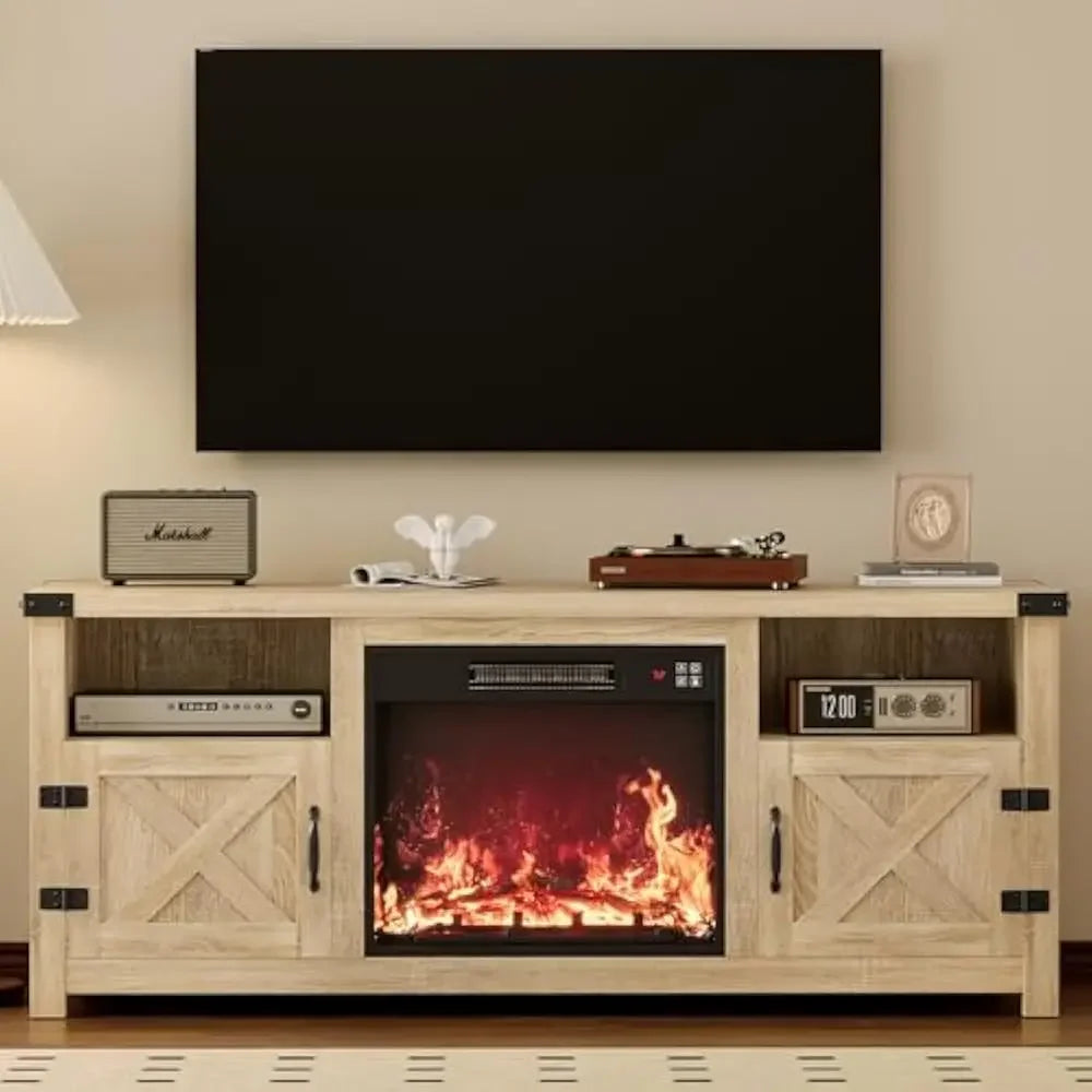 65 Inch Fireplace TV Stand with Barn Doors and Open Display Shelf