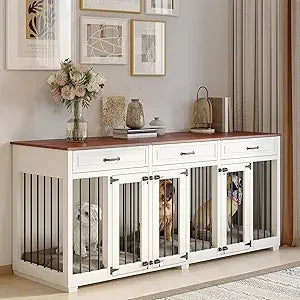 Lockable Indoor Wooden Dog Kennel with 2 Dividers, 3 Drawers