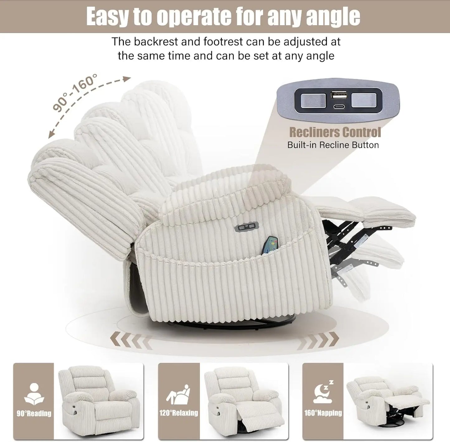 Power Swivel Rocker Recliner Chair for Adults with Massage and Heat