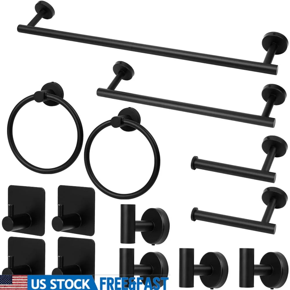 14-Piece Matte Black Bathroom Towel Bar Set
