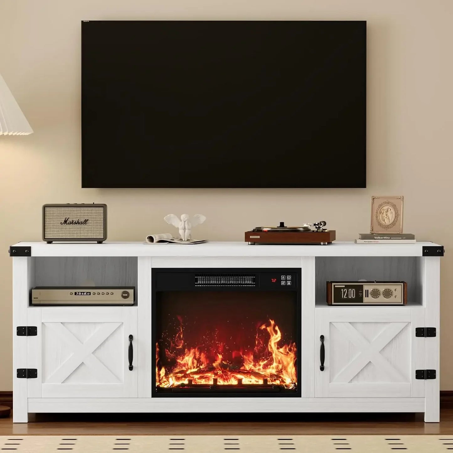 65 Inch Fireplace TV Stand with Barn Doors and Open Display Shelf