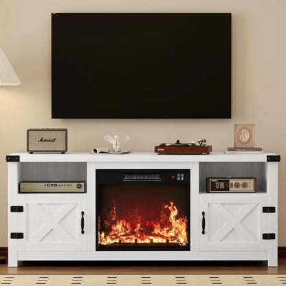 65 Inch Fireplace TV Stand with Barn Doors and Open Display Shelf
