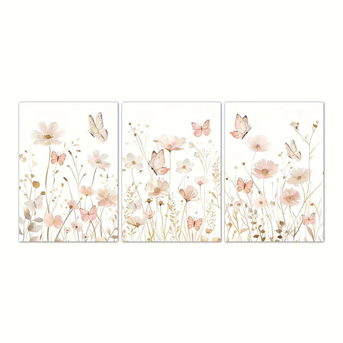 Set of 3 Wildflower Art Butterfly Pink Boho Wall Art