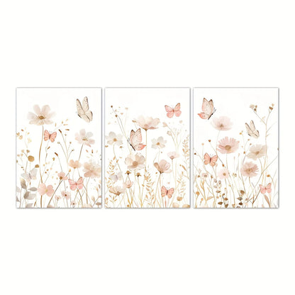 Set of 3 Wildflower Art Butterfly Pink Boho Wall Art