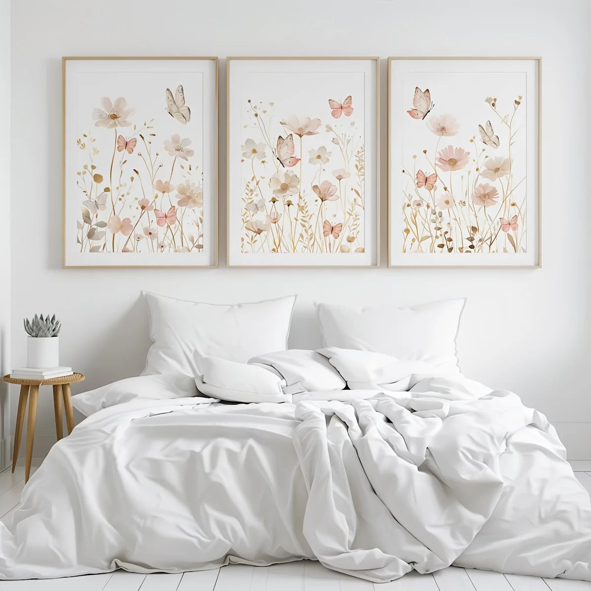 Set of 3 Wildflower Art Butterfly Pink Boho Wall Art