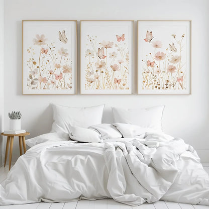 Set of 3 Wildflower Art Butterfly Pink Boho Wall Art