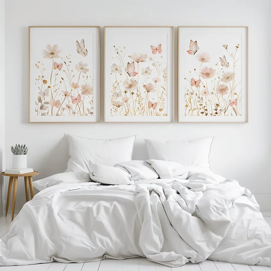 Set of 3 Wildflower Art Butterfly Pink Boho Wall Art
