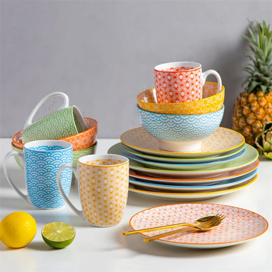 16 Piece Porcelain Multi-Color Dinnerware Set