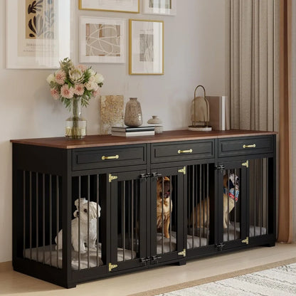 Lockable Indoor Wooden Dog Kennel with 2 Dividers, 3 Drawers