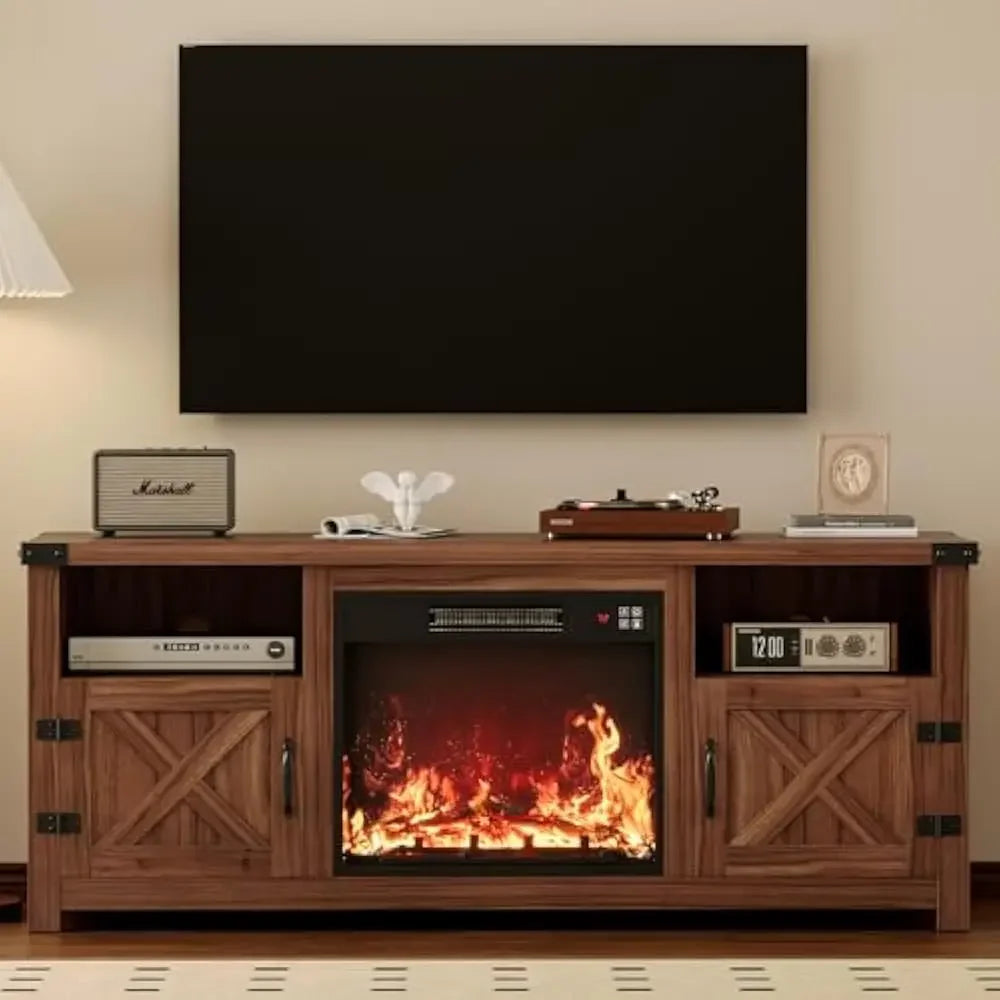 65 Inch Fireplace TV Stand with Barn Doors and Open Display Shelf