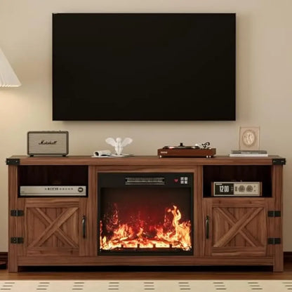 65 Inch Fireplace TV Stand with Barn Doors and Open Display Shelf
