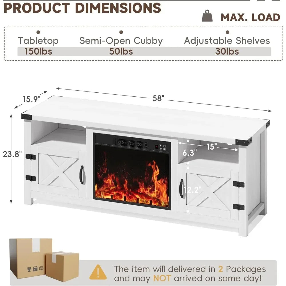 65 Inch Fireplace TV Stand with Barn Doors and Open Display Shelf