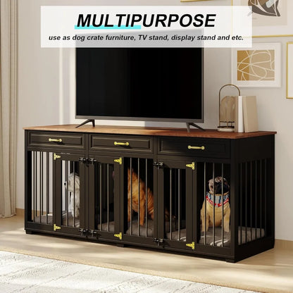 Lockable Indoor Wooden Dog Kennel with 2 Dividers, 3 Drawers
