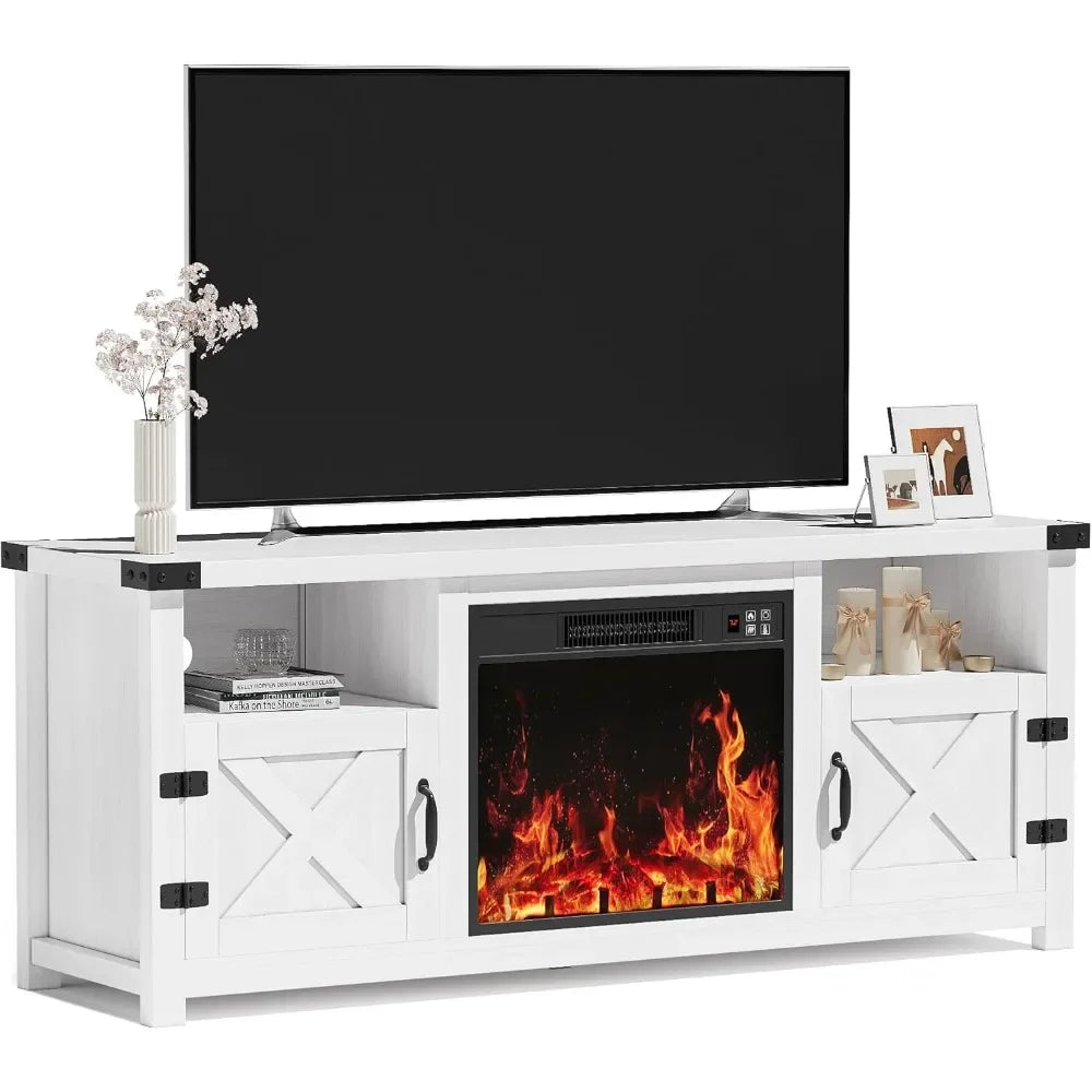 65 Inch Fireplace TV Stand with Barn Doors and Open Display Shelf