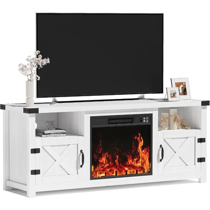65 Inch Fireplace TV Stand with Barn Doors and Open Display Shelf