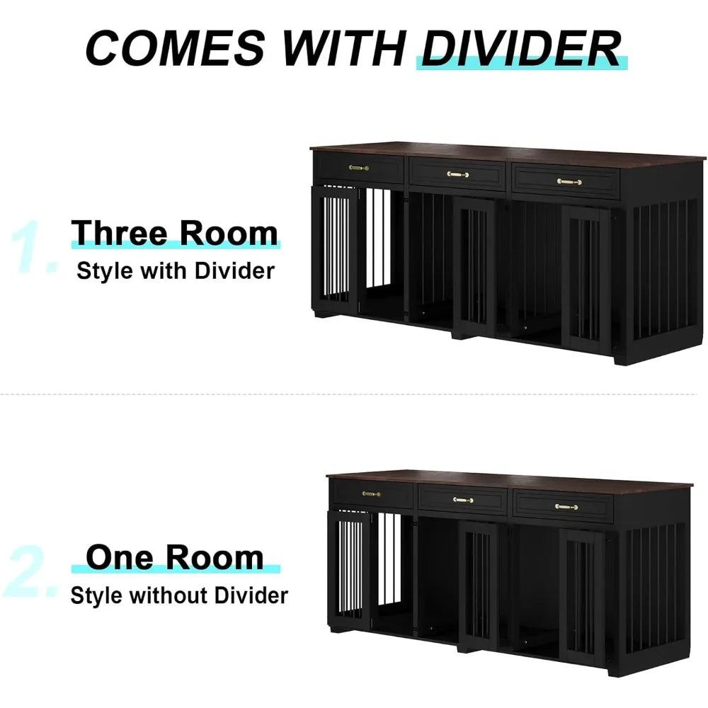 Lockable Indoor Wooden Dog Kennel with 2 Dividers, 3 Drawers