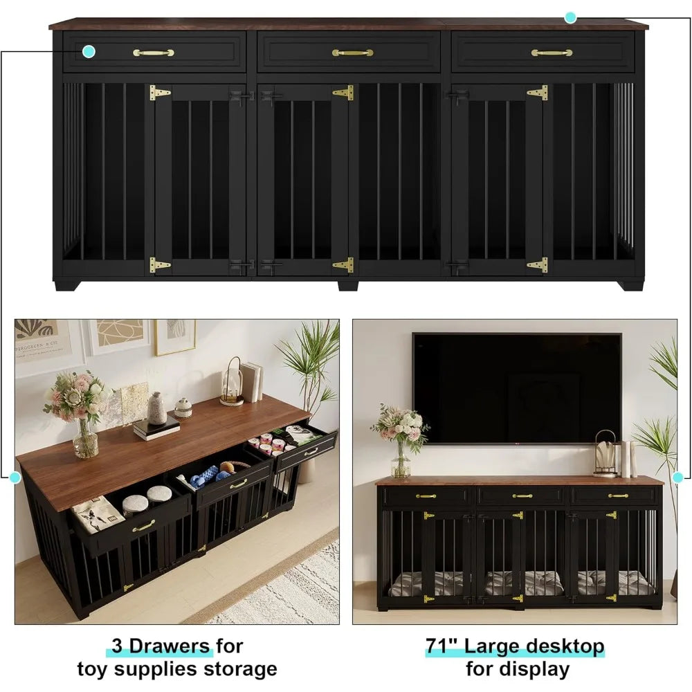 Lockable Indoor Wooden Dog Kennel with 2 Dividers, 3 Drawers