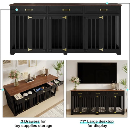Lockable Indoor Wooden Dog Kennel with 2 Dividers, 3 Drawers