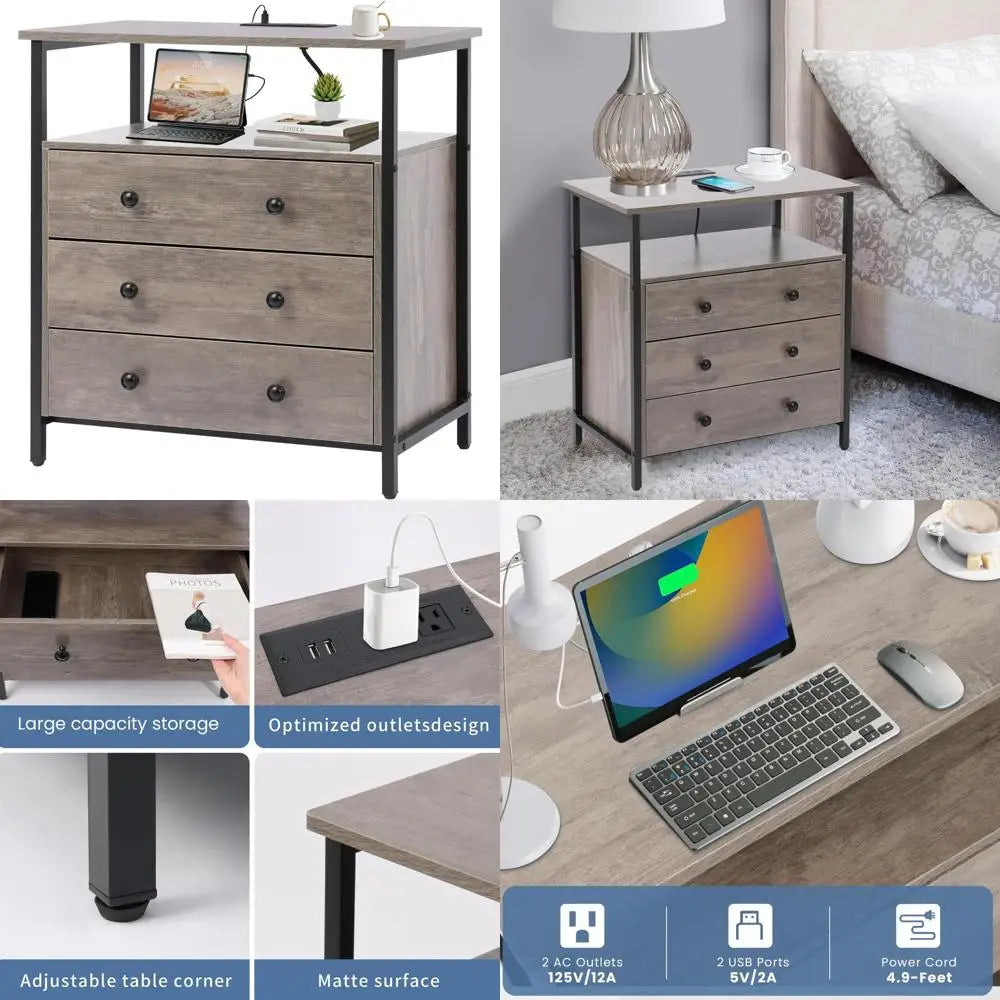 27 Inch Wide Nightstand with Charging Station