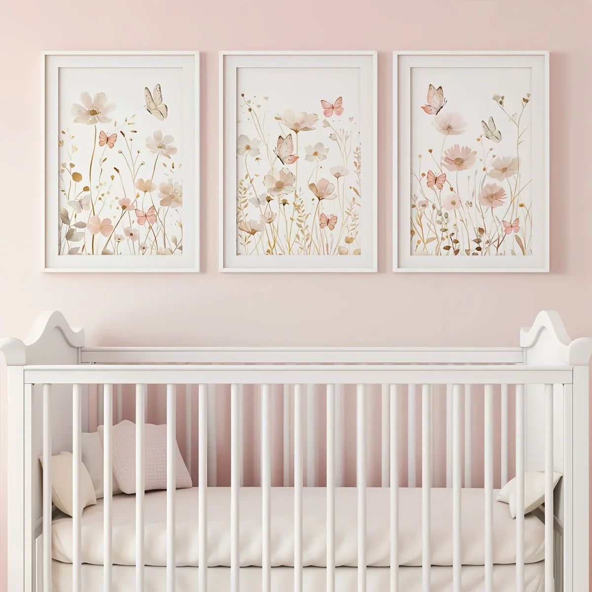 Set of 3 Wildflower Art Butterfly Pink Boho Wall Art