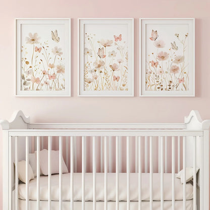 Set of 3 Wildflower Art Butterfly Pink Boho Wall Art