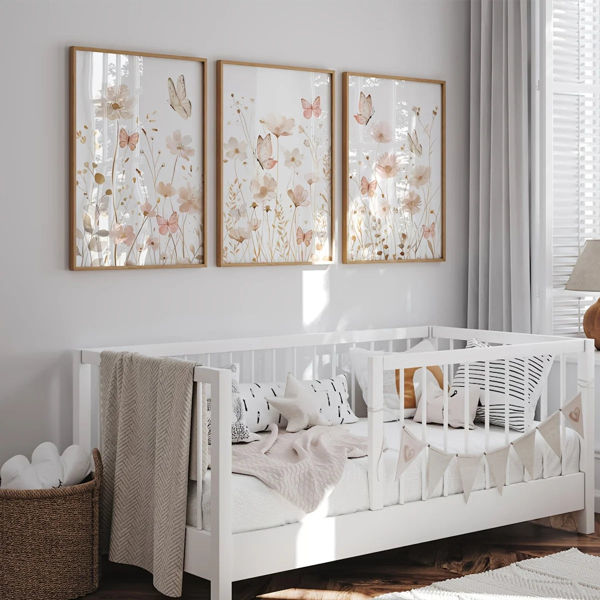 Set of 3 Wildflower Art Butterfly Pink Boho Wall Art