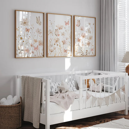 Set of 3 Wildflower Art Butterfly Pink Boho Wall Art