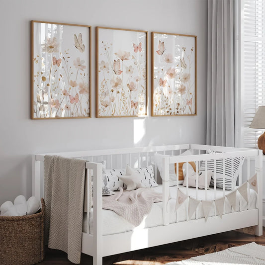 Set of 3 Wildflower Art Butterfly Pink Boho Wall Art