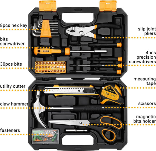 Hand Tool Kit with Plastic Toolbox Storage Case