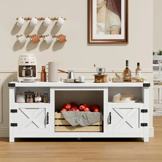 65 Inch Fireplace TV Stand with Barn Doors and Open Display Shelf